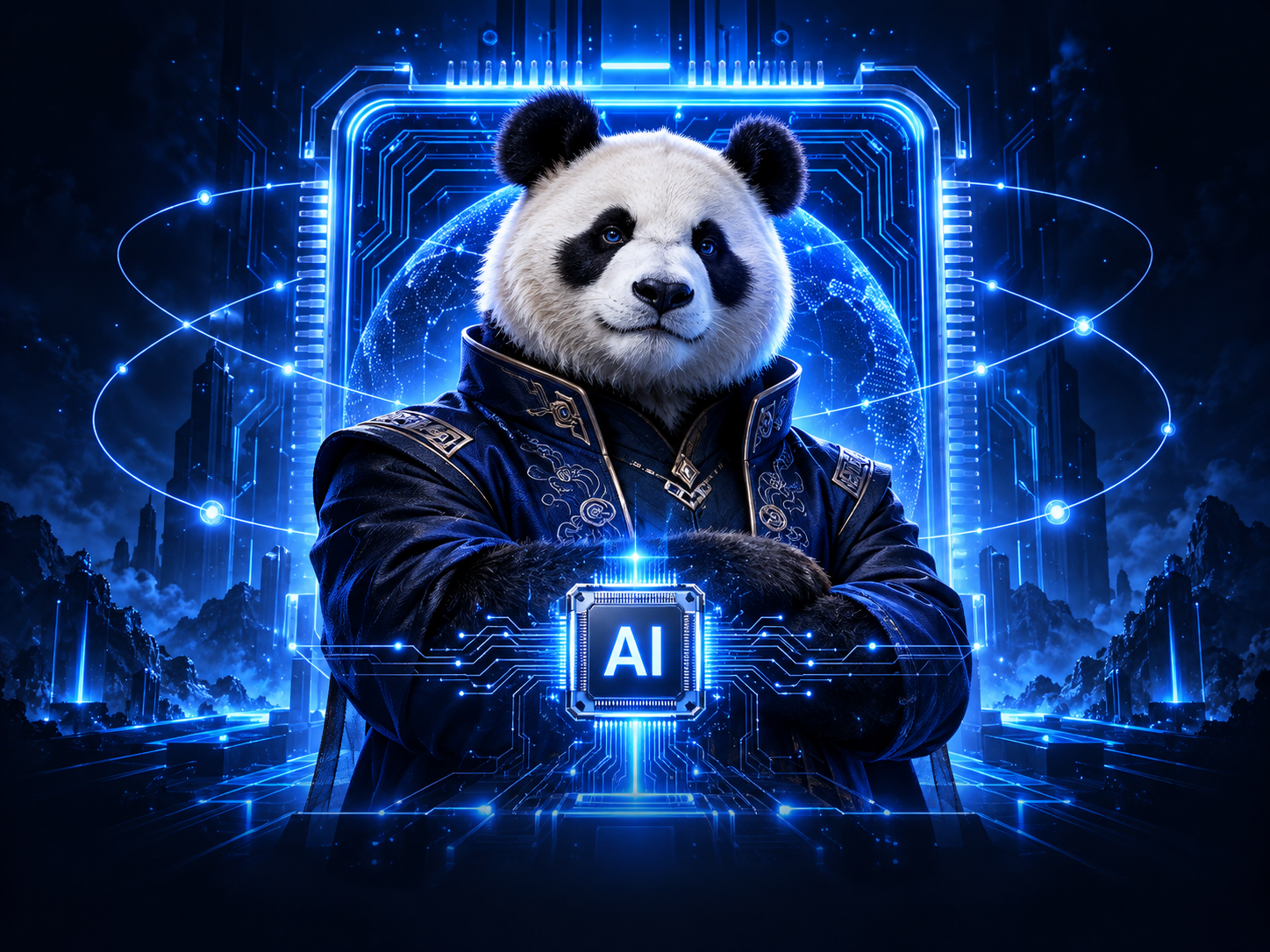 Ilustrasi panda di tengah sirkuit dan chip AI biru